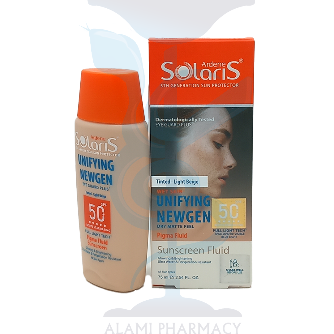 فلوئید ضد آفتاب و ضد لک آردن سولاریس رنگ بژ روشن یونی فایینگ نیوژن spf 50 حجم 75 میل